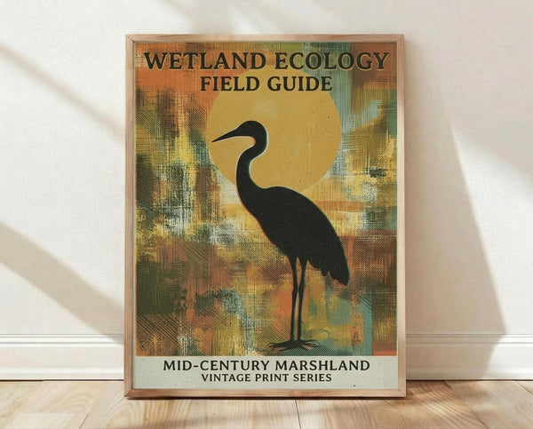 May include: Framed vintage-style poster with abstract painted background in warm oranges, yellows, and greens. Features black silhouette of a long-necked wading bird, likely a heron, standing against textured brushstroke backdrop. Text reads "Wetland Ecology Field Guide" at top and "Mid-Century Marshland Vintage Print Series" at bottom. Thin wooden frame, leaning against white wall on light wooden floor.