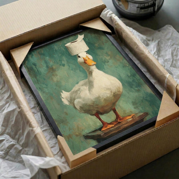 May include: Whimsical artwork of a white duck wearing a toilet paper roll on its head like a hat, painted in soft brushstroke style with green textured background. The framed piece is being carefully unpacked from a cardboard shipping box with protective tissue paper wrapping.