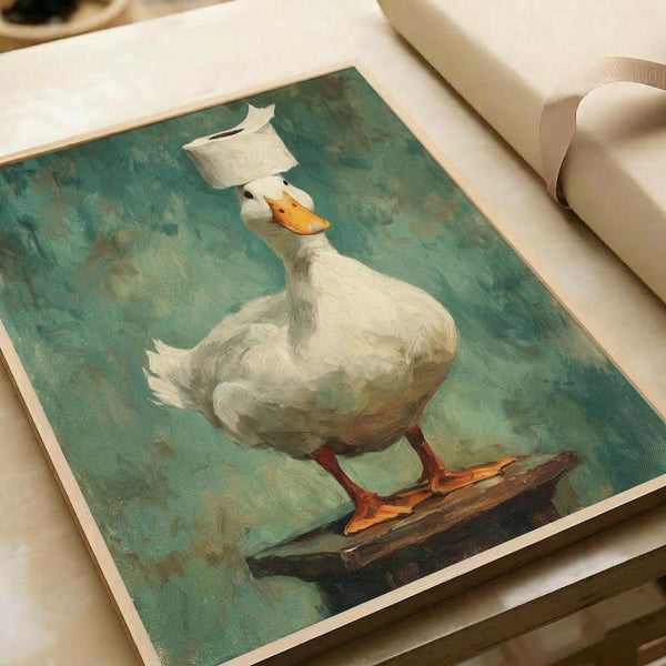 A whimsical painted illustration of a white duck standing on a wooden log, wearing a roll of toilet paper balanced on its head like a hat. The duck has an orange-yellow bill and orange webbed feet, set against a soft teal-green watercolor background. The artwork appears to be printed on canvas or textured paper with a cream border, photographed at an angle with white ribbon visible in the corner.