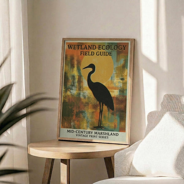 May include: Framed vintage-style poster with silhouette of a long-necked wading bird against colorful abstract background in yellows, oranges, and teals. Features text reading "Wetland Ecology Field Guide" and "Mid-Century Marshland Vintage Print Series." Print displayed on light wood round side table next to beige upholstered chair and houseplant in bright, naturally-lit room with white walls.