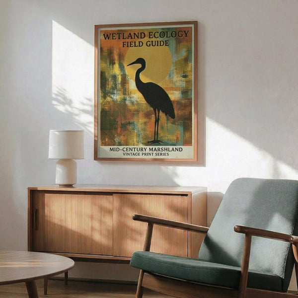 May include: Framed vintage-style poster featuring a black heron silhouette against an abstract painted sunset background in warm oranges, yellows and greens, displayed above a mid-century modern wood credenza with white ceramic lamp, next to a sage green upholstered chair with wooden arms in a sunlit room with white walls
