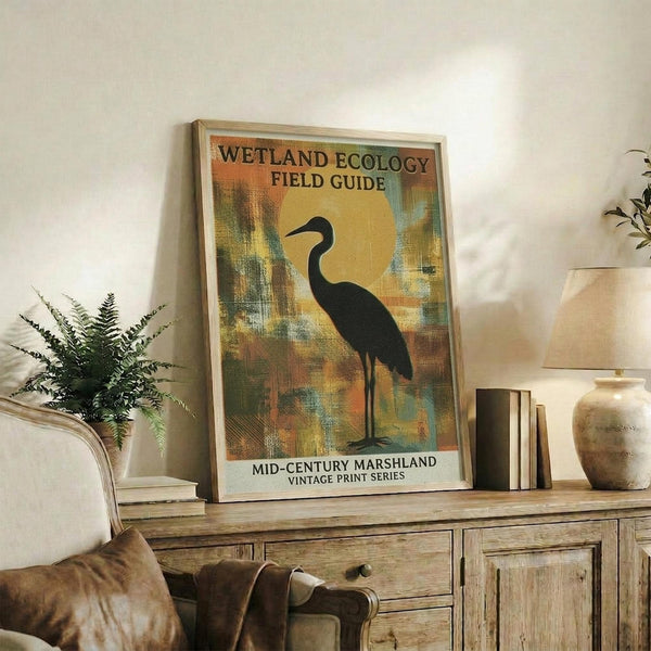 May include: Framed vintage-style poster featuring a black heron silhouette against an abstract painted background in warm yellows, oranges, and greens. The frame sits on a rustic wooden console table alongside books, pottery, and a fern plant, with a beige upholstered chair visible in a cozy living room setting with neutral walls and soft natural lighting.