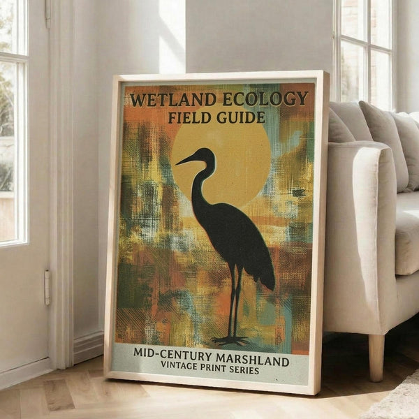 May include: Framed vintage-style poster leaning against white wall next to beige sofa in sunlit room. Print features silhouette of long-necked wading bird against warm yellow sun with painterly brushstrokes in orange, green, and brown tones. Text reads "Wetland Ecology Field Guide" and "Mid-Century Marshland Vintage Print Series" in dark lettering on textured background resembling canvas or linen.