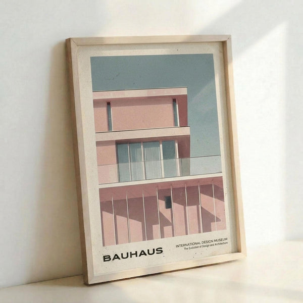 May include: Framed poster print leaning against white wall showing modernist building architecture in muted pink, coral, and sage green tones. Features geometric Bauhaus-style design with clean lines, rectangular windows, and vertical slats. Text reads "BAUHAUS INTERNATIONAL DESIGN MUSEUM" at bottom. Light wood frame with white matting, soft natural lighting creates gentle shadows on wall.