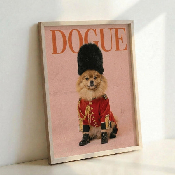 May include: Framed poster print leaning against white wall showing a fluffy Pomeranian dog dressed as a British Royal Guard in red military uniform with gold braiding, tall black bearskin hat, gold chain necklace, and black boots. Pink background with orange "DOGUE" text at top in magazine cover style. Light wooden frame, natural lighting with soft shadows.
