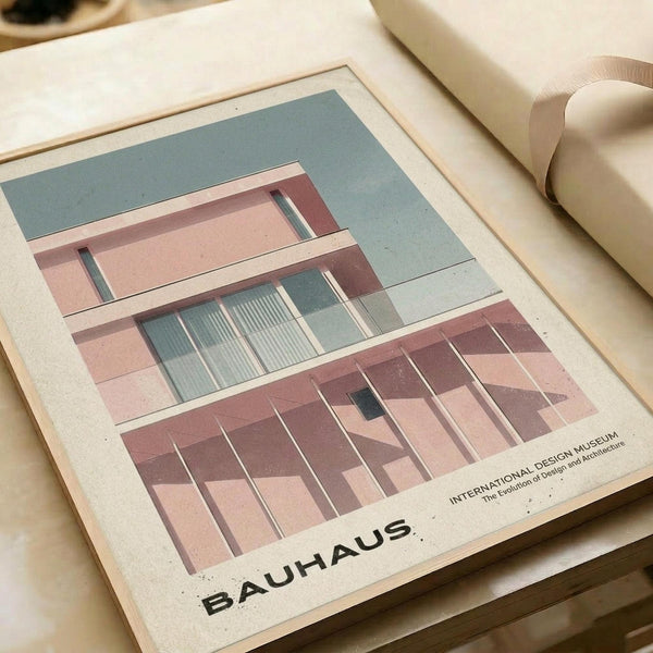 May include: Minimalist architectural poster print displayed on cream colored paper with soft natural lighting. The artwork features a modern building rendered in muted pink, coral, and sage green tones with clean geometric lines and vertical slat details. Text reads "BAUHAUS" and "INTERNATIONAL DESIGN MUSEUM" in black typography. Print appears to have a vintage aesthetic with subtle texture. Shown alongside neutral fabric and warm ambient setting.