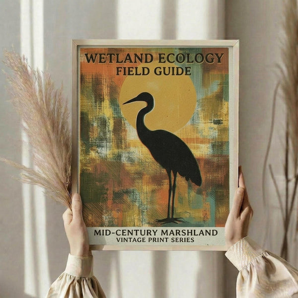 May include: Person in cream ruffled blouse holding framed vintage-style poster featuring black heron silhouette against painterly yellow sun and abstract brushstroke background in warm oranges, greens, and blues. Text reads "Wetland Ecology Field Guide" and "Mid-Century Marshland Vintage Print Series." Person also holds dried pampas grass stems. Light wooden frame, soft natural lighting.