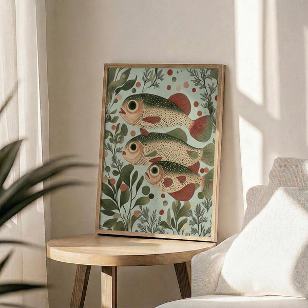 May include: Framed botanical fish artwork displayed on round wooden side table next to beige upholstered chair. The illustration features three speckled fish with large eyes swimming among green aquatic plants and coral-colored dots on a pale mint background. Natural wood frame complements the warm, sunlit room setting with plant shadows visible on white walls.