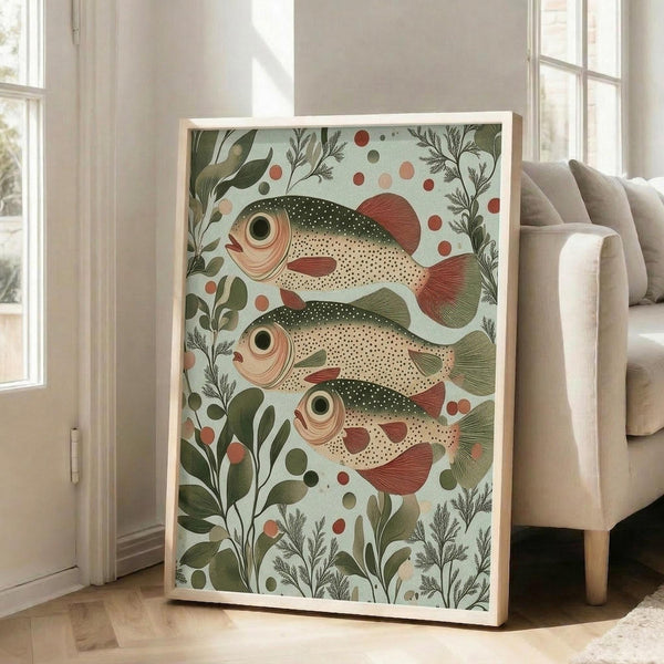 May include: Framed botanical art print featuring three speckled fish with coral and green fins swimming among leafy underwater plants and colorful dots, displayed in light wood frame leaning against white wall next to beige upholstered chair in bright living room with large windows.