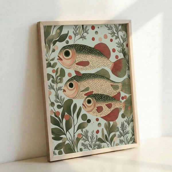 May include: Framed botanical art print leaning against white wall showing three speckled fish swimming among green aquatic plants and coral-colored dots on pale mint background, displayed in light natural wood frame