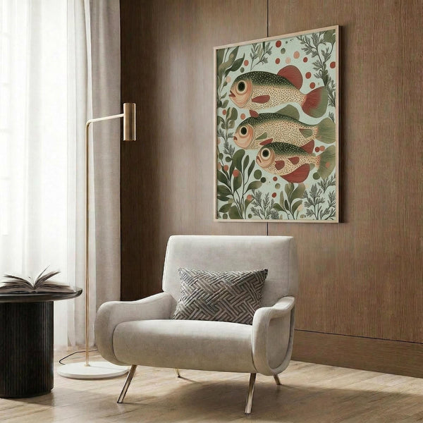 May include: Three decorative fish with green spotted scales and coral-colored fins swimming among botanical foliage and scattered dots on a pale green background. Framed poster displayed on wood paneled wall above cream upholstered armchair with geometric throw pillow. Modern reading nook with brass floor lamp and side table.