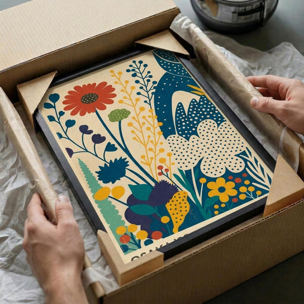 May include: Hands unwrapping a colorful botanical art print from shipping materials and cardboard packaging. The artwork features stylized flowers, leaves, and plants in vibrant blues, oranges, yellows, and greens with dotted patterns and folk art styling. The print is matted in cream and set in a black frame, photographed on white fabric with part of a glass object visible in the background.