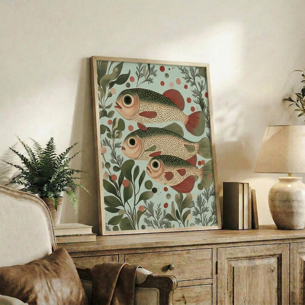 May include: Framed botanical fish artwork displayed on rustic wooden sideboard next to fern plant, books, and ceramic vase. The print features three speckled fish with large eyes swimming among green foliage and coral-colored berries on a mint green background. Light wood frame complements the warm, natural home decor setting with cream upholstered furniture visible.