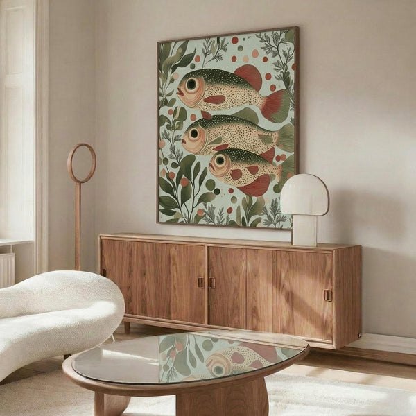 May include: Framed botanical fish print displayed above wooden credenza in modern living room. Artwork features three speckled fish with large eyes swimming among green foliage and coral dots on light background. Scene includes white curved chair, glass-top oval coffee table, and decorative lighting fixtures. Natural sunlight creates shadows across warm wood furniture and neutral walls.