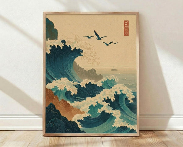 May include: Framed Japanese-inspired artwork featuring dramatic teal and dark blue ocean waves with white foam crashing against brown rocky cliffs. Four black birds fly across a cream-colored sky above a distant sailing ship. The print has traditional Asian calligraphy in a red seal stamp and is displayed in a light wood frame against white walls on wooden flooring with soft natural lighting.