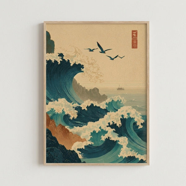 May include: Framed Japanese-inspired wave artwork hanging on white wall. Blue-green stylized ocean waves with white foam crash dramatically across beige background. Three small birds fly in upper portion. Red square cartouche in top right corner. Natural wood frame. Art style mimics traditional woodblock prints with flowing curved lines and organic wave patterns.