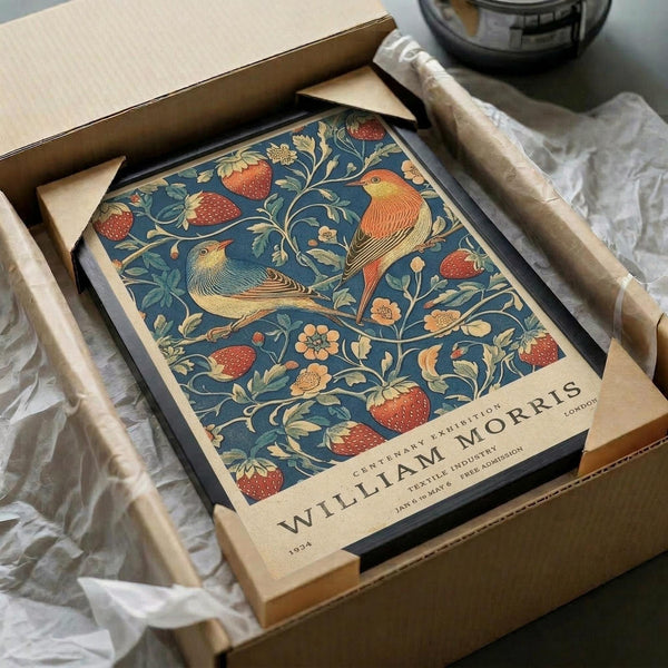 May include: Framed vintage-style poster featuring two orange and cream colored birds perched among strawberry plants with red berries and green foliage on a deep blue background. The print is displayed in a black frame inside an open cardboard shipping box with brown paper packaging, sitting on white tissue paper with a glass jar visible in the background.