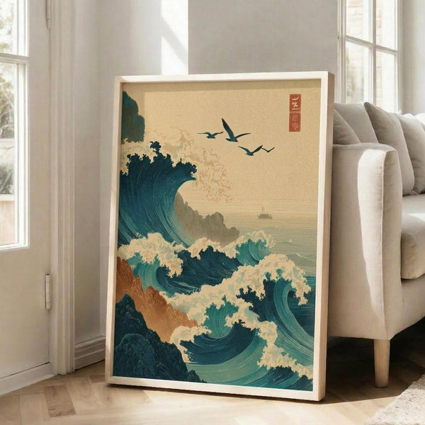May include: Framed poster with Japanese-inspired ocean waves in teal and cream colors, featuring dramatic crashing waves, rocky coastline, flying birds, and red text seal, displayed against white wall next to beige upholstered chair in bright living room with windows.