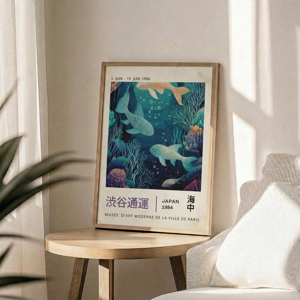 May include: Framed vintage Japanese exhibition poster featuring underwater scene with whales, coral, and sea life in blue and teal tones, displayed on round wooden side table next to beige upholstered chair and plant in bright, minimalist room with white walls and natural lighting.
