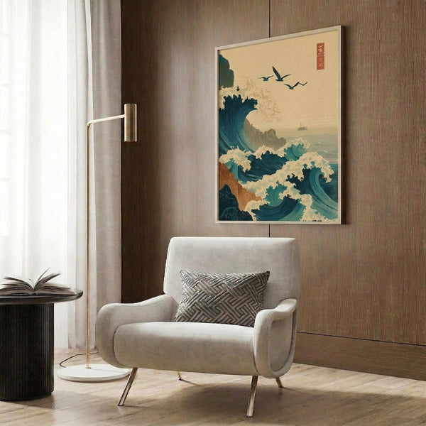 May include: Japanese-inspired wave artwork with teal and turquoise waves, white foam caps, and flying birds against a cream background, displayed above a beige upholstered armchair with geometric patterned pillow. Scene shows modern living room with brass floor lamp, dark round side table with open book, wood panel wall, and natural lighting from window with sheer curtains.