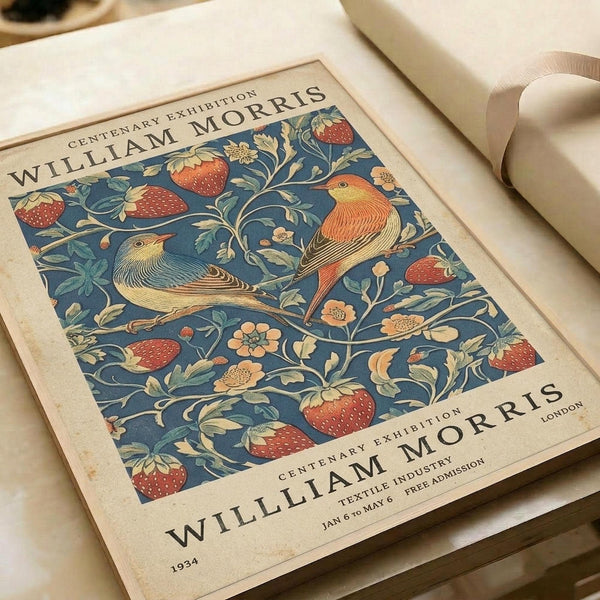 Vintage exhibition poster featuring William Morris's Strawberry Thief pattern with two colorful birds perched among strawberry vines, flowers, and foliage on a deep blue background. The decorative textile design is framed by cream borders with exhibition text above and below. The poster lies flat on white paper with a cream ribbon visible, showing the Arts and Crafts movement's characteristic botanical motifs in rich reds, oranges, and greens.