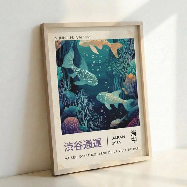 May include: Framed vintage-style exhibition poster featuring an underwater scene with spotted whales, coral, and seaweed in blues and teals. Light wood frame leans against white wall. Japanese text and museum details visible at bottom with dates from 1986.
