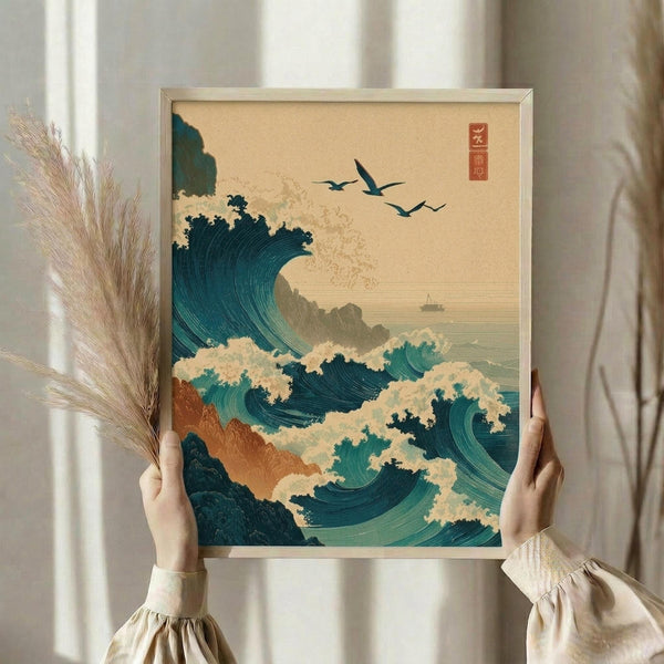 May include: Person in beige ruffled sleeves holding framed Japanese-style wave artwork in light wood frame. Teal and navy blue stylized ocean waves with white foam crash against brown rocky coastline. Flying birds silhouetted against cream sky with red Asian text seal. Small boat visible in distance. Dried pampas grass stems beside frame against soft white curtained window background.