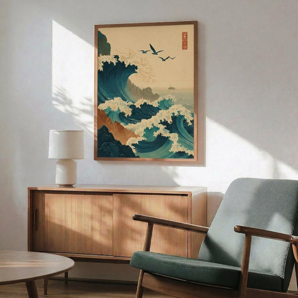 May include: Framed Japanese-style wave artwork hanging above a wooden sideboard with table lamp, next to a mid-century modern chair in sage green upholstery. The print features dramatic teal and turquoise ocean waves with white foam, flying birds, and a red text cartouche against cream background. Natural sunlight creates geometric shadows on white wall.