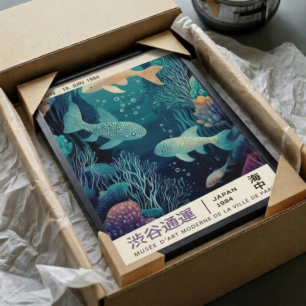 May include: Framed underwater scene artwork in cardboard shipping box with protective wrapping. Features stylized whales, coral, and sea life in teal, blue, and purple tones. Japanese text visible on white border. Artwork appears gallery-ready in black frame, nestled in brown packaging materials on white surface.