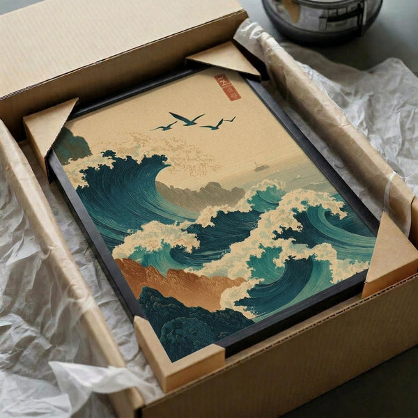 May include: Japanese-style wave artwork in wooden frame being unboxed from cardboard packaging with protective wrapping. Features stylized ocean waves in teal and green with white foam, birds in flight, and traditional Asian aesthetic on cream background. Frame has natural wood finish and appears medium-sized compared to packaging materials.