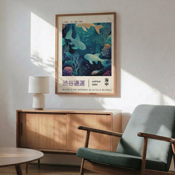 May include: Framed vintage-style poster featuring underwater ocean scene with whales, coral, and marine life in blue and teal tones, displayed above wooden sideboard with small white table lamp, next to sage green mid-century modern armchair with wooden frame in sunlit room with white walls.
