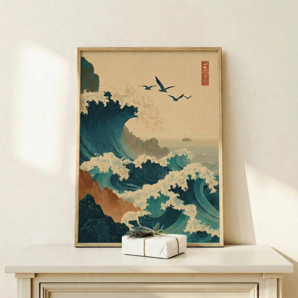 May include: Japanese-style wave artwork in wooden frame displayed on light wood console table against white wall. Print features dramatic teal and dark blue ocean waves with white foam, flying birds, distant mountains, and traditional red seal. Small white wrapped gift box sits beside the framed print. Art shows dynamic water movement with traditional woodblock print aesthetic.