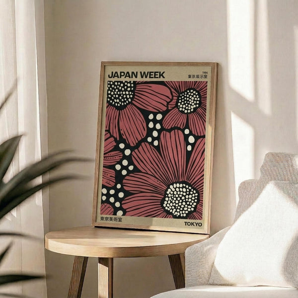 May include: Framed vintage-style poster with pink and black floral design featuring stylized flowers with white polka dot centers, displayed on a round wooden side table next to a beige upholstered chair. Warm natural lighting creates soft shadows on cream-colored wall, with green plant leaves visible in corner of minimalist modern room setting.