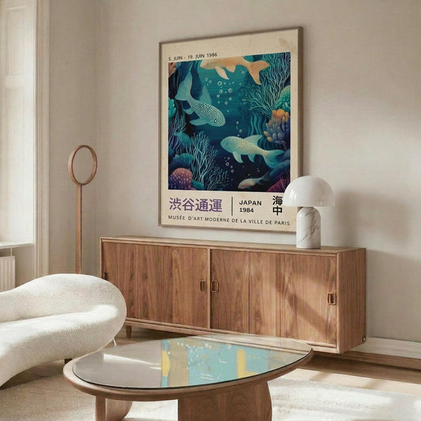 May include: Framed vintage Japanese exhibition poster featuring underwater scene with whales, coral, and sea life in blues and teals, displayed above walnut credenza in modern living room with white sculptural chair, marble table lamp, glass coffee table, and cream textured rug on light wooden floors.