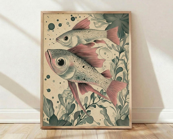 May include: Framed vintage-style illustration of two speckled fish with coral-pink fins swimming among green aquatic plants and floating bubbles, displayed in light wood frame against white wall on wooden floor with soft natural lighting and fabric shadows