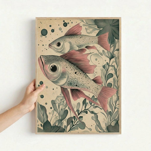 May include: Hand holding a framed vintage-style illustration featuring two detailed fish with pink-red fins swimming among green aquatic plants and bubbles. The artwork has a cream background with botanical elements and is displayed in a light wood frame against a white wall.