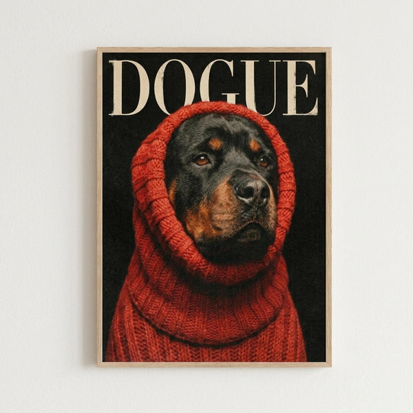 A framed poster displaying a Rottweiler dog wearing a chunky red knit sweater with hood against a black background. The word "DOGUE" appears in large cream-colored letters at the top, mimicking the style of a fashion magazine cover. The dog has the typical black and tan Rottweiler coloring with warm brown eyes. The poster has a light wood frame and is mounted on a white wall.