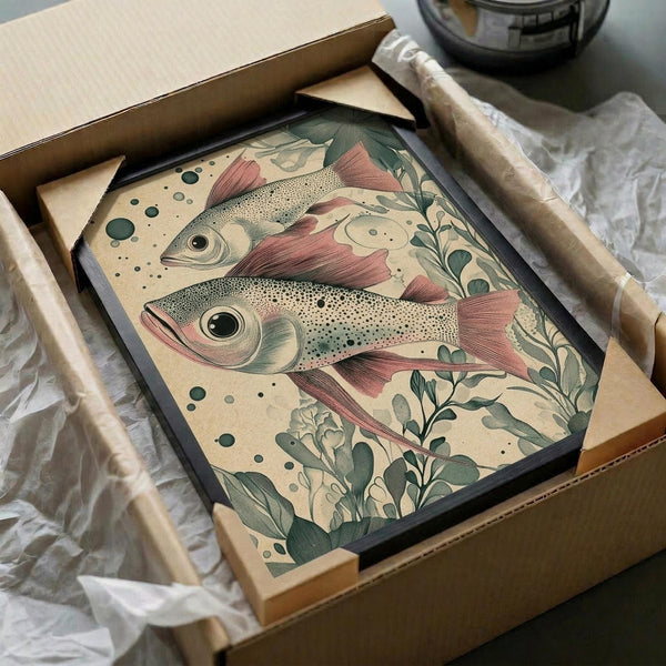 Two vintage-style illustrated fish with pink-red fins and spotted bodies swim among green aquatic plants and bubbles on a cream background. The artwork is displayed in a black hexagonal frame, nestled in brown cardboard packaging with white tissue paper and wooden protective bars.
