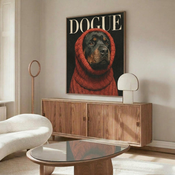 May include: A framed poster showing a Rottweiler dog wearing a chunky red knit sweater with hood against a black background, styled like a fashion magazine cover with "DOGUE" in white letters at top. The poster hangs above a mid-century modern walnut credenza in a minimalist living room with cream walls, white upholstered chair, glass-top coffee table, and brass accent lighting.