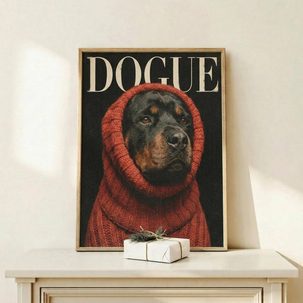 May include: Framed poster showing a Rottweiler wearing a chunky red knit sweater with hood against a black background, with "DOGUE" text at top in cream letters. Wood frame sits on light wooden surface next to small wrapped white gift box with green sprig. Clean white wall background.