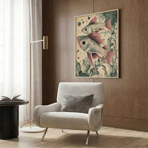 May include: Framed vintage-style illustration of two detailed fish with pink fins surrounded by green botanical elements and scattered dots, displayed on wood paneled wall above beige upholstered armchair with geometric pillow, brass floor lamp, and side table with open book in modern living room setting