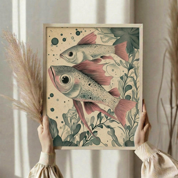 May include: Hands holding a framed vintage-style botanical fish illustration featuring two detailed fish with pink fins swimming among green aquatic plants and bubbles on a cream background. The artwork is displayed in a light wooden frame against white curtains, with dried pampas grass visible to the left.