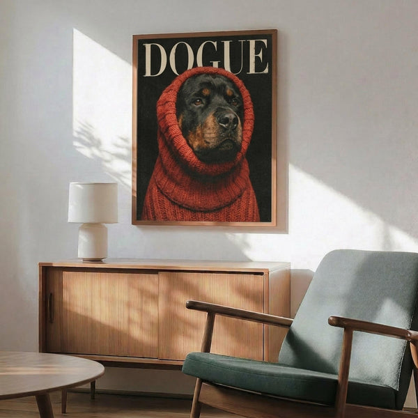 May include: Framed poster featuring a Rottweiler dog wearing a chunky red knit sweater against a dark background, with "DOGUE" text at top in cream letters. The wooden-framed artwork hangs above a mid-century modern walnut credenza with a white ceramic table lamp. A teal upholstered armchair with wooden frame sits nearby on a wooden floor, with natural sunlight casting shadows across white walls.