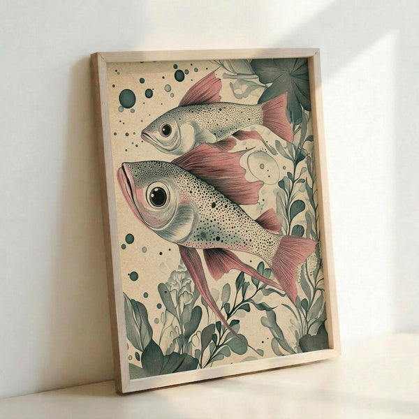 May include: A framed botanical illustration featuring two detailed fish with pink-red fins and speckled bodies swimming among green aquatic plants and bubbles. The artwork has a vintage natural history style with muted earth tones on cream background, displayed in a light wooden frame leaning against a white wall.
