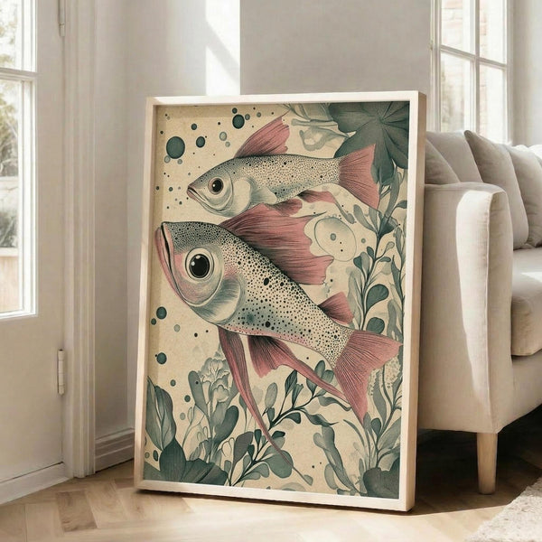 May include: Large framed vintage-style illustration of two detailed fish with coral-pink fins swimming among green aquatic plants and bubbles, displayed in light wooden frame leaning against white wall next to beige armchair in bright living room with hardwood floors and tall windows