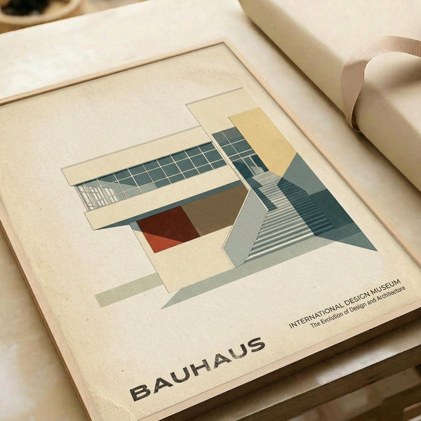 Minimalist architectural illustration poster featuring the Bauhaus Dessau building with geometric shapes in muted colors including teal, cream, rust red, and sage green. The modernist design shows the iconic glass curtain wall and angular forms characteristic of Bauhaus architecture. Text reads "BAUHAUS" and "INTERNATIONAL DESIGN MUSEUM" at bottom. Print is matted in cream and displayed on neutral fabric surface with ribbon visible at edge.