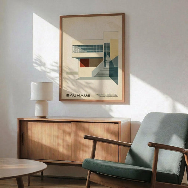 May include: Modernist architectural poster in wood frame showing geometric white building with stairs, teal windows, and red accent, displayed above walnut credenza with ceramic table lamp in bright room with mid-century green upholstered chair and round coffee table.