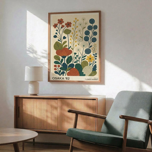 May include: Framed botanical art print featuring stylized flowers and plants in earthy tones of rust, teal, yellow and green on cream background, displayed above mid-century modern wood credenza with table lamp, next to sage green upholstered armchair in bright sunlit room with white walls