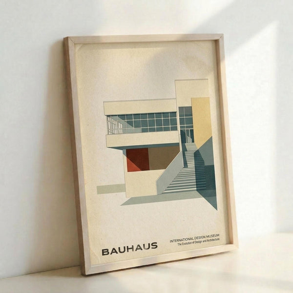 May include: A framed architectural poster featuring a modernist building design in geometric style, displayed in a light wood frame against a white wall. The artwork shows angular building forms with teal grid windows, white surfaces, red and yellow accent areas, and concrete stairs, rendered in a clean minimalist aesthetic with muted colors on cream paper.