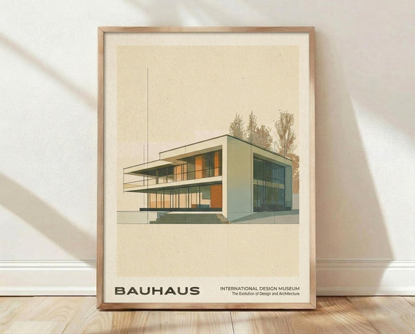 May include: Framed modernist architectural poster showing a minimalist two-story building with clean lines, large windows, and geometric forms in muted green, orange and beige tones. Trees visible in background. Text reads "BAUHAUS" and "INTERNATIONAL DESIGN MUSEUM" below the illustration. Light wood frame against white textured wall with wooden flooring visible. Soft natural lighting creates diagonal shadows across the scene.